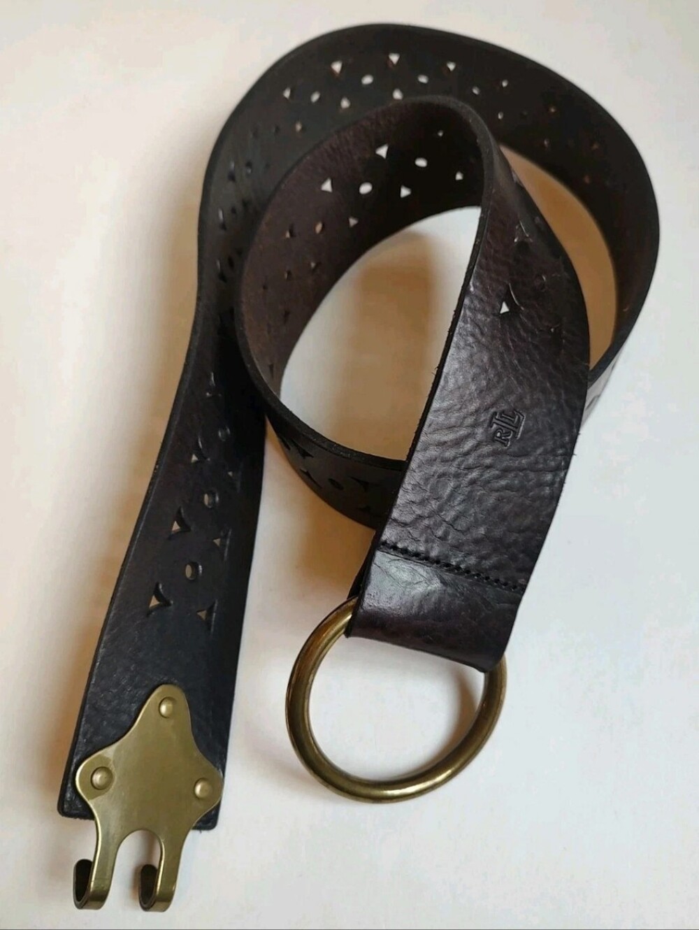 Ralph Lauren Leather Drak Brown Waist Belt Laser Cut Chocolate S M L RARE Buckle